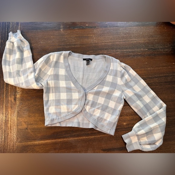Forever 21 Cropped Cardigan Blue/White Gingham Size Large Academia Mean Girls - Picture 6 of 8